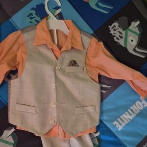 Orange Shirt with Beige Vest and Pants Set